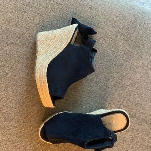 Super cute, never worn, Faux suede navy wedges with tie back